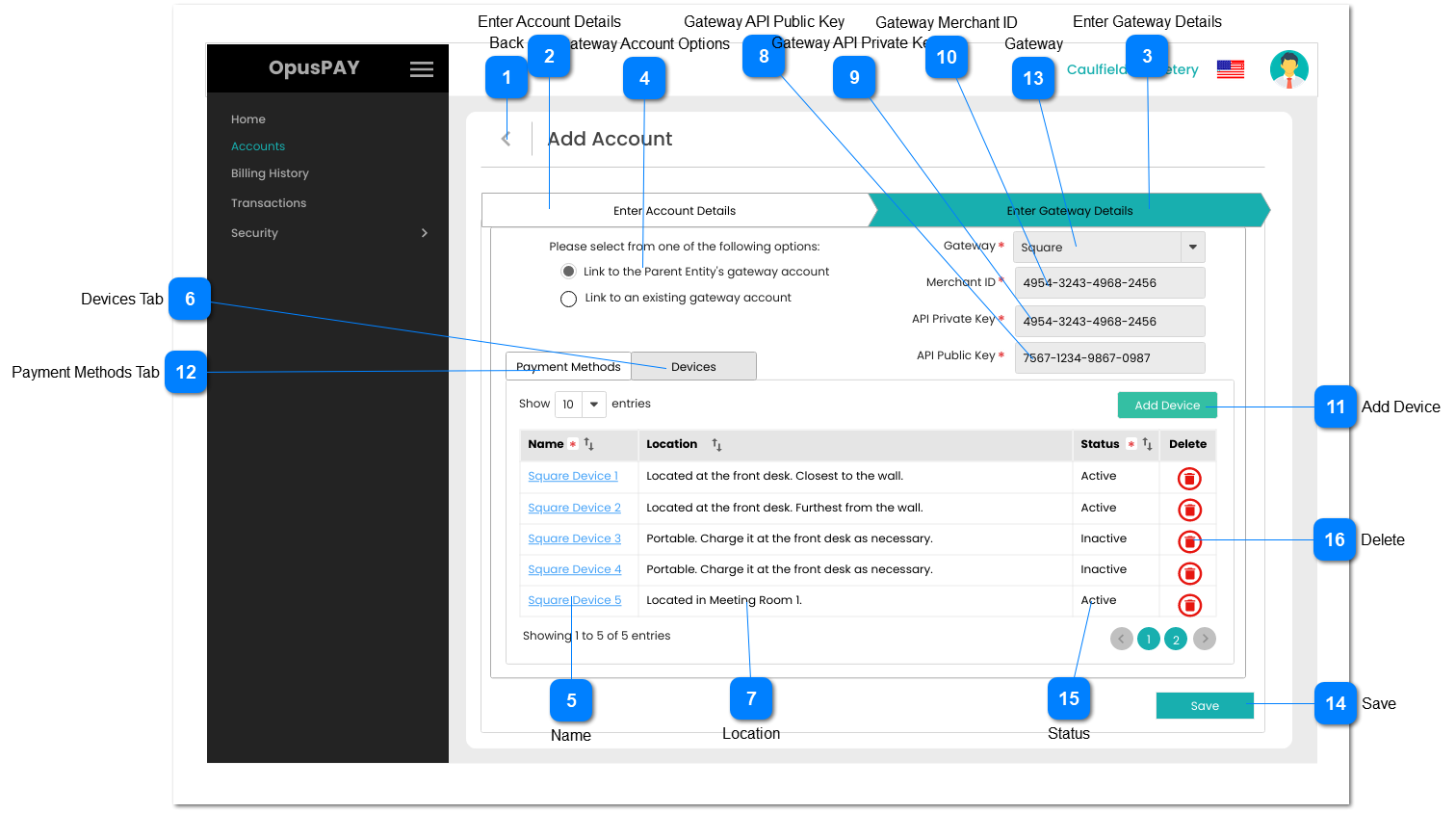 Add Account - Enter Gateway Details - Devices