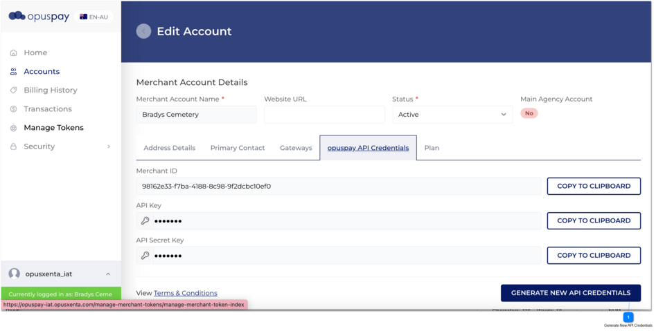 Edit Account - API Credentials