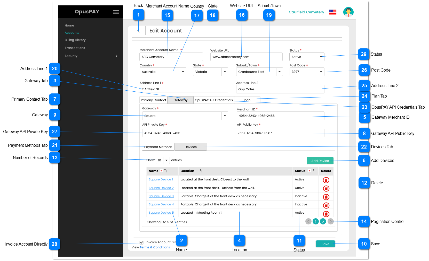 Edit Account - Gateway Details - Devices