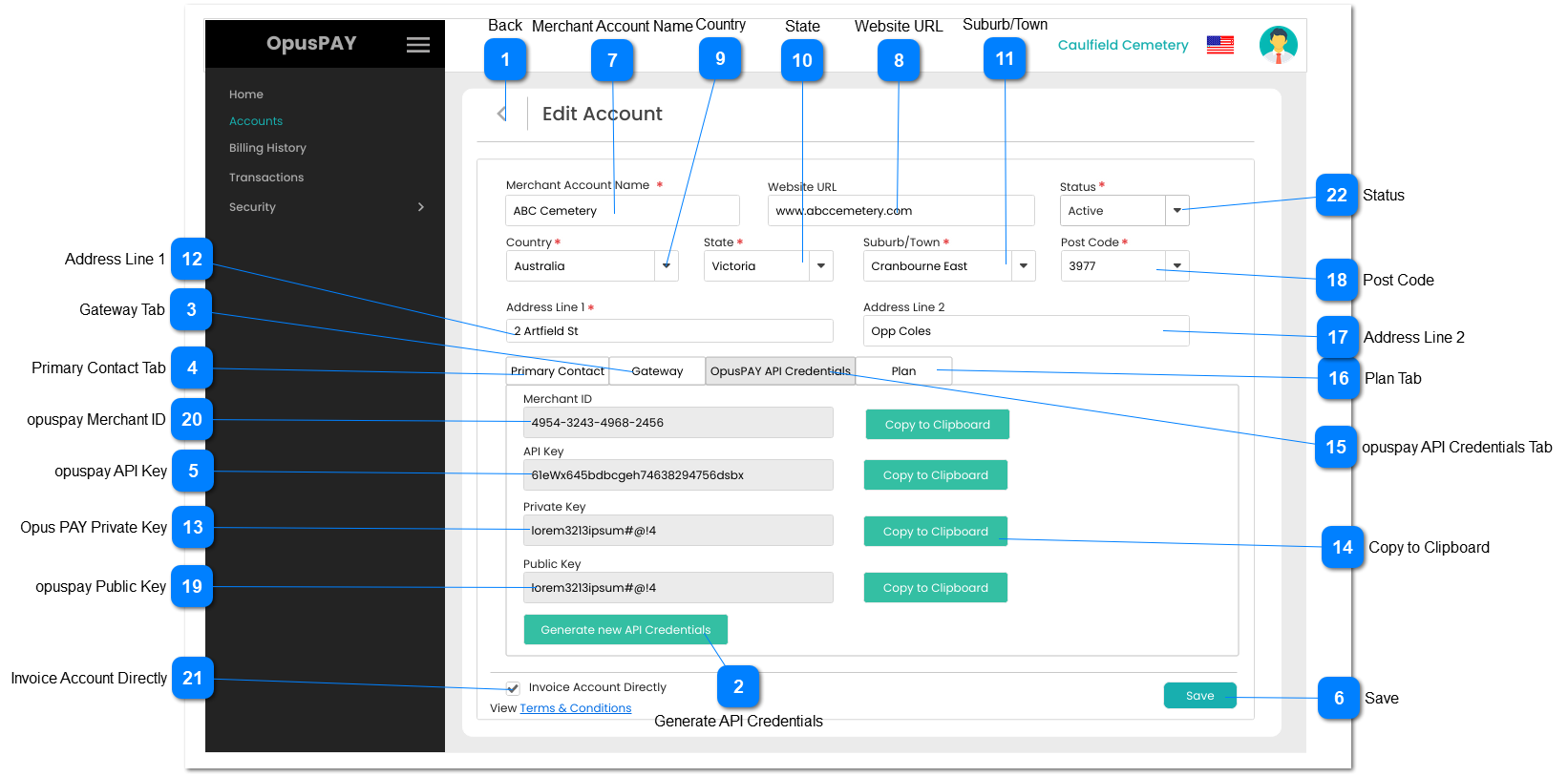 Edit Account - opuspay API Credentials