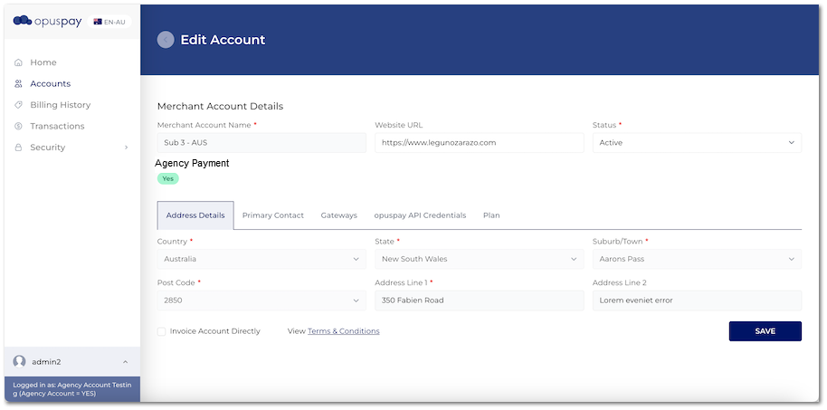 Edit Account - Sub Account