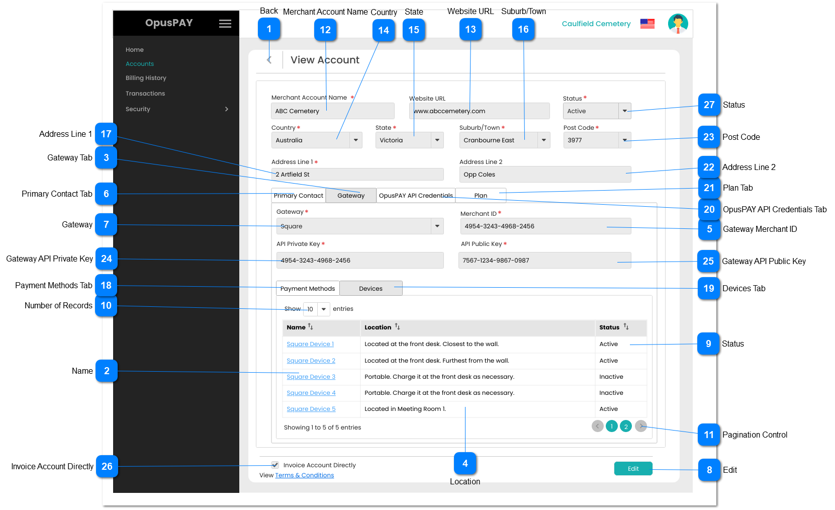 View Account - Gateway Details - Devices